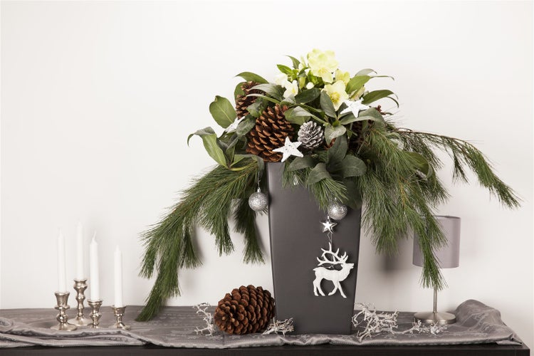 Weihnachtsdekoration mit Tannenzweigen, Zapfen und Kerzen auf einem Tisch