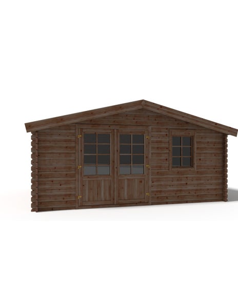 Dunkelbraunes Gartenhaus aus Holz mit Satteldach, Doppeltür mit Fenstersprossen und einem Einzelfenster.