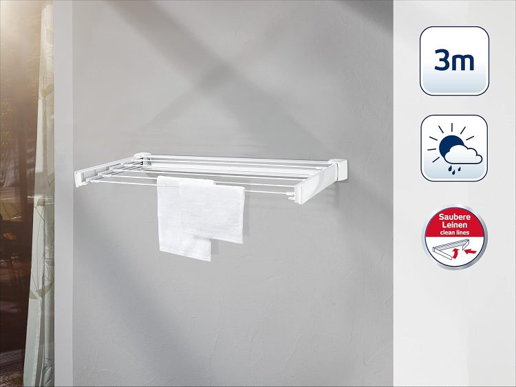 Leifheit Wandtrockner Telegant 30 Protect, 3m Wäscheleine für kleine Haushalte, platzsparender Trockner, Wäschereck mit Wandmontage, drinnen und draußen, Wäschetrockner für die Wäsche zwischendurch