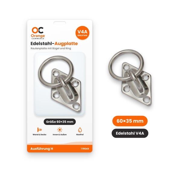 Edelstahl Augplatte rautenförmig mit Bügel und Ring, 60 mal 35 Millimeter, V4A Edelstahl für Wand und Decke, innen und außen verwendbar.