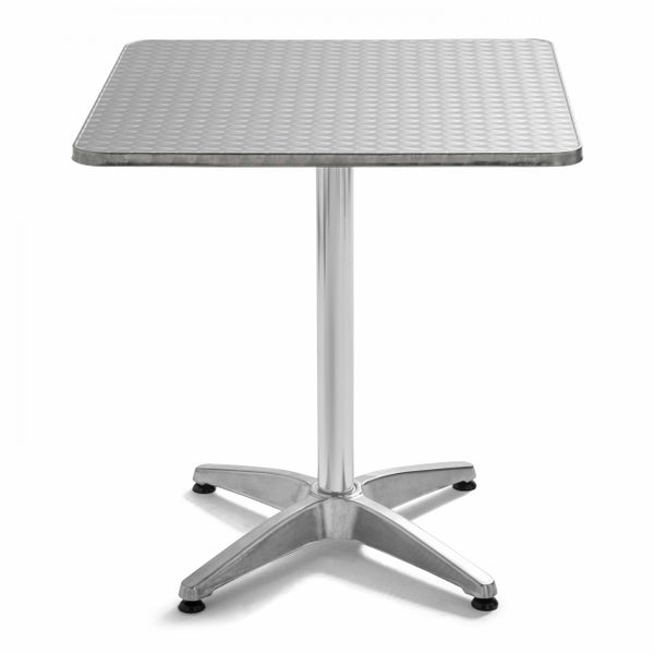 Bistrotisch aus Aluminium mit quadratischer Tischplatte und dekorativer Oberflächenstruktur.