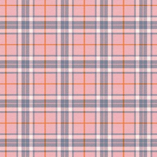 Kariertes Schottenmuster in Rosa mit blauen und orangefarbenen Streifen auf einer texturierten Oberfläche.