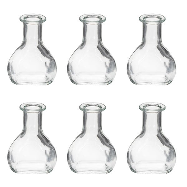Sechs kleine Glasvasen mit bauchiger Form und schmalem Hals.