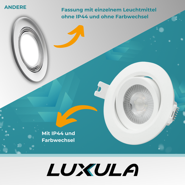 Vergleich zweier Luxula-Leuchten: eine Leuchte mit IP44 und Farbwechsel, die andere ohne