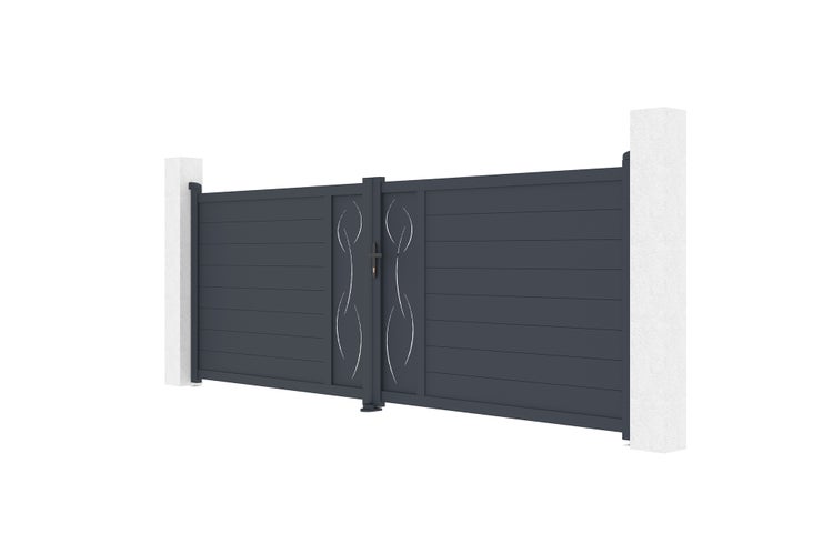 Zweiflügeliges Einfahrtstor aus Aluminium mit horizontalen Lamellen und Dekorelement in der Mitte.