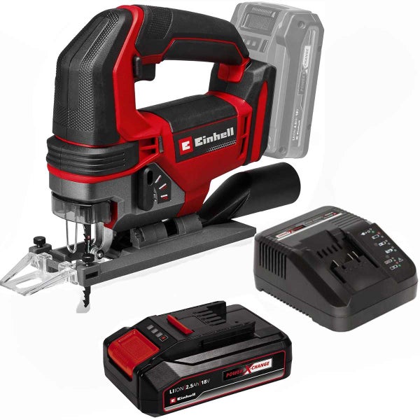Einhell Akku Stichsäge mit Ladegerät und zwei Akkus aus dem Power X-Change System für Heimwerkerarbeiten.