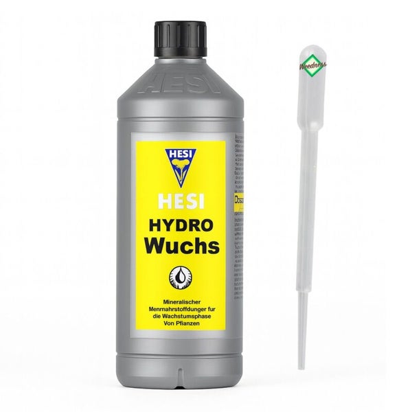 HESI Hydro Wuchs mineralischer Dünger für die Wachstumsphase von Pflanzen in grauer Flasche mit HESI Logo, Pipette und Weedness Logo.