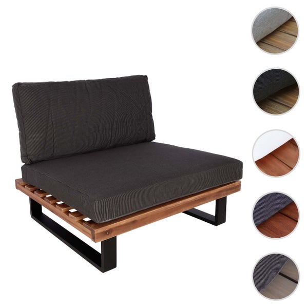 Garten-Lounge-Sessel mit Holzrahmen, Metallgestell und Polstern sowie Detailansichten verschiedener Materialvarianten.