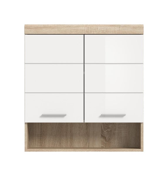 Bad-Hängeschrank mit zwei weißen Türen, Metallgriffen und einem offenen Fach in Holzoptik.