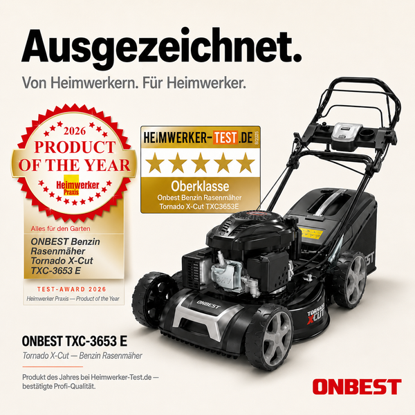 ONBEST Benzin-Rasenmäher Tornado X-Cut TXC-3653 E mit den Auszeichnungen Heimwerker Praxis Produkt des Jahres 2026 und Heimwerker-Test Oberklasse.