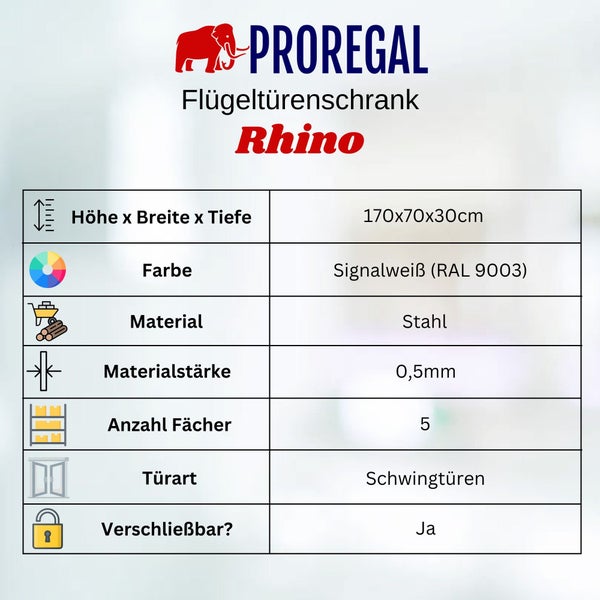 Produktdetails des Flügeltürenschranks Rhino von Proregal: 170x70x30 cm, Stahl, 0,5 mm Materialstärke, fünf Fächer, Schwingtüren, abschließbar