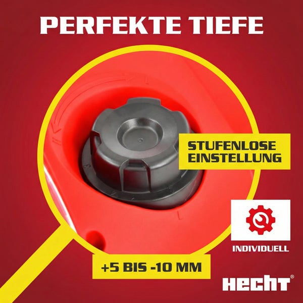 Detailansicht eines Rasentrimmer-Kopfes mit Tiefeneinstellung und Hecht Logo