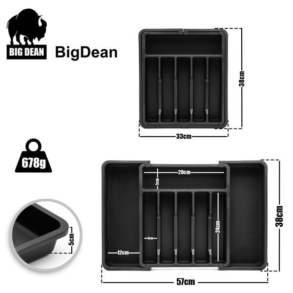 BigDean Logo, zwei Schubladeneinsätze mit Fächern und Maßangaben