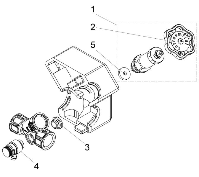 Explosionszeichnung einer Ventilbaugruppe mit nummerierten Einzelteilen wie Handrad, Oberteil und Gehäuse.