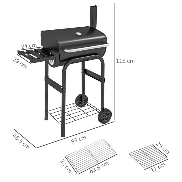 Outsunny Holzkohlegrill, Grillwagen mit Deckel, Ablagen Campinggrill mit Rädern, 83L x 46,5B x 115H cm, Edelstahl, Schwarz