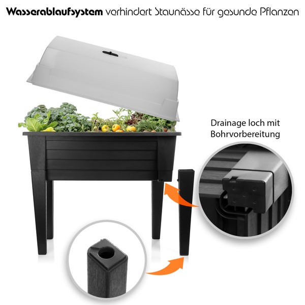 Hochbeet mit Bewässerungssystem und Abflusslöchern zur Vermeidung von Staunässe
