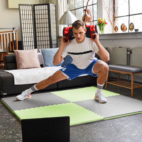 2.4qm Profi Fitnessmatte 2cm - 3er Set 90x90 Bodenschutzmatte für Fitnessgeräte Grau Grün