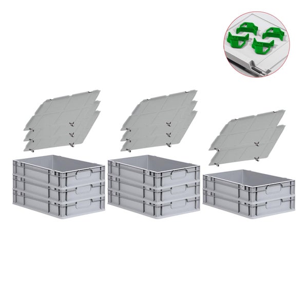 PROREGAL Spar Set 8x Eurobox Nextgen Economy Mit Auflagedeckel & 4x Schiebeschnappverschlüsse Grün Griffe Geschlossen HxBxT 12 x 40 x 60 cm 23 Liter