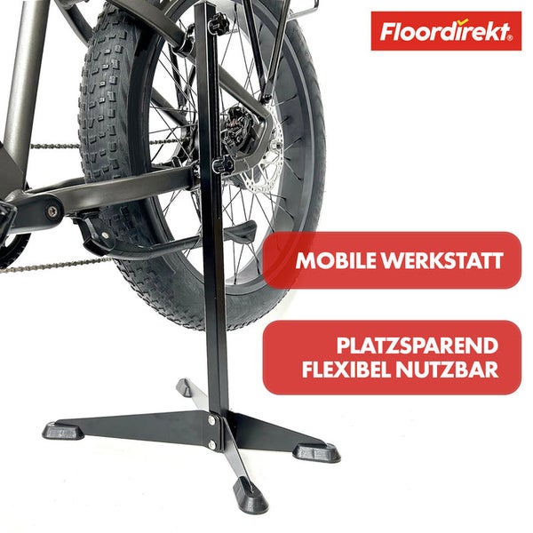 Fahrradreparaturständer mit Fahrrad und Floor direkt Logo