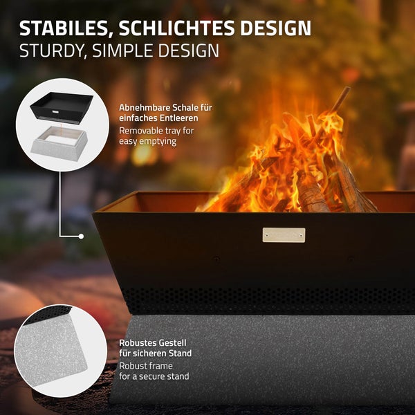 ML-Design Feuerschale mit Keramiksockel, 54x28,5x54 cm, Schwarz-Beige, Quadratischer Feuerstelle aus Stahl, abnehmbare Schale, Feuerkorb mit Schürhaken, Feuertonne Outdoor für Garten Camping Terrasse