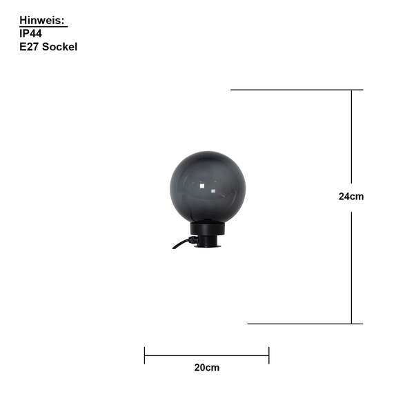 Technische Zeichnung einer kugelförmigen Außenleuchte mit E27 Fassung und Schutzart IP44, mit Maßangaben.