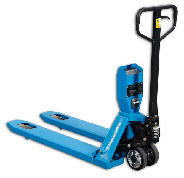 Blauer Handgabelhubwagen mit Waage