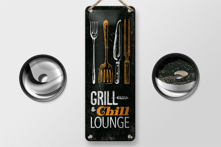 Blechschild Spruch Grill & Chill Lounge Grillen Dekoration 10x27cm