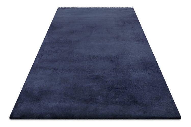 Dunkelblauer rechteckiger Teppich mit weichem Flor.