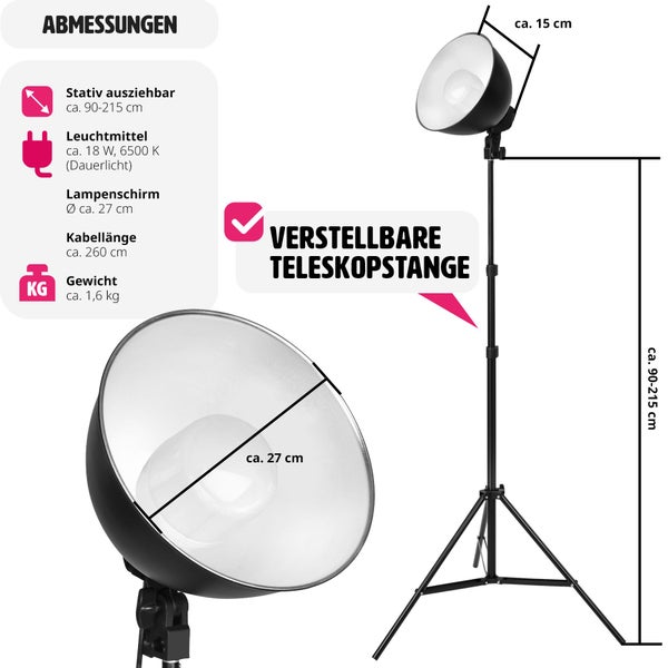 Studioleuchte mit Dauerlicht, Teleskopstativ circa 90 bis 215 Zentimeter, Schirm Durchmesser circa 27 Zentimeter, Gewicht circa 1,6 Kilogramm.