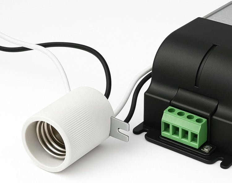 Weiße Lampenfassung mit Kabelverbindung zu einem schwarzen elektronischen Vorschaltgerät und einer grünen Anschlussklemme.