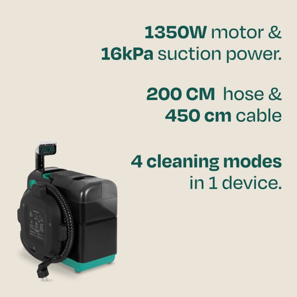 Nasssauger mit 1350 Watt Motor, 16 Kilopascal Saugkraft, 200 Zentimeter Schlauch, 450 Zentimeter Kabel und 4 Reinigungsmodi.