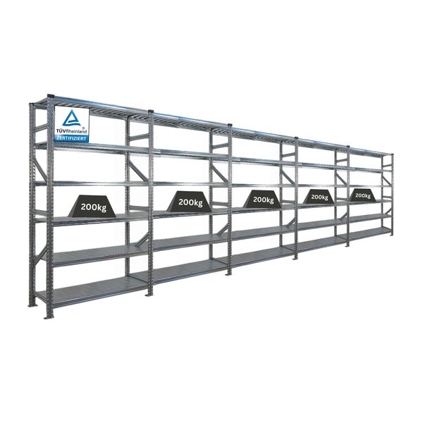 Langes Metallregal mit mehreren Ebenen und TÜV Rheinland Zertifizierung. Jede Ebene trägt 200 Kilogramm.