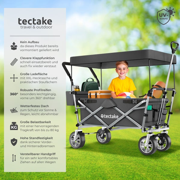 Bollerwagen tectake Nico inklusive Tragetasche, Belastbarkeit 80 kg faltbar, mit Dach grau
