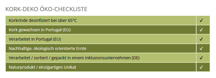 Öko-Checkliste für Kork-Deko: bei über 65 Grad Celsius desinfiziert, nachhaltige Ernte in Portugal, Naturprodukt aus Inklusionsunternehmen.