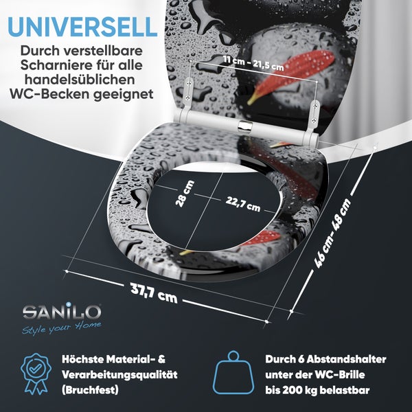 Sanilo Toilettensitz mit Wassertropfen-Motiv, universell passend, Maße 37,7 mal 46 bis 48 Zentimeter, belastbar bis 200 Kilogramm, Sanilo Logo.
