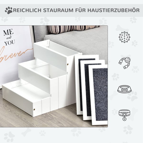 PawHut Hundetreppe 3 Stufen Katzentreppe Haustiertreppe Hundetreppe für Hunde und Katzen Tiertreppe Einstiegshilfe mit Teppich Stauraum für Sofa Bett Tannenholz Weiß 40,5 x 44,5 x 38 cm