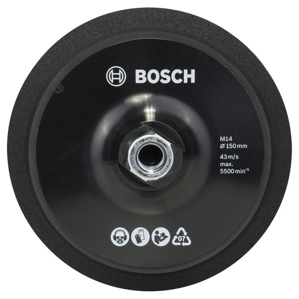 Bosch Logo. Schleifscheibe mit einem Durchmesser von 150 mm in Verpackung.