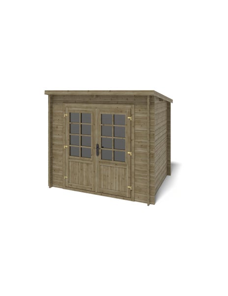 Gartenhaus aus Holz mit Pultdach, Doppeltür mit Sprossenfenstern und schwarzem Türgriff.