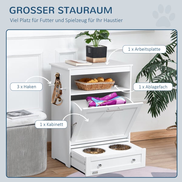 PawHut Haustier-Futterschrank mit 2 Edelstahlnäpfen, 3 Haken, Tierfutterschrank mit Lagerschrank, offenem Fach & Kipptür, Hundefutterstation für Hunde, 61 x 35,5 x 82 cm, Weiß