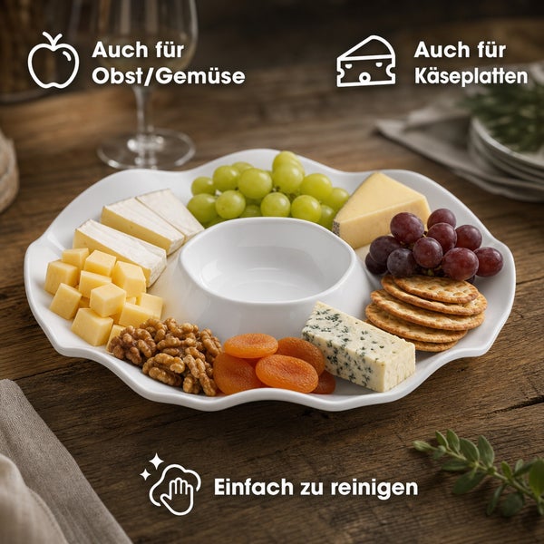Weiße Servierplatte mit integrierter Schale, geeignet für Obst, Gemüse und Käseplatten, einfach zu reinigen.