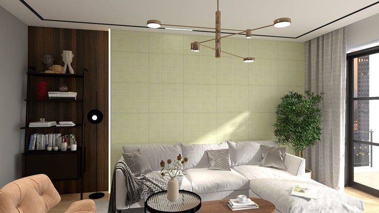 Wohnzimmer mit Couch, Regal und Zimmerpflanze