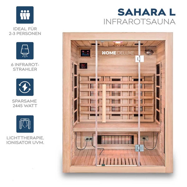 Home Deluxe – Infrarotkabine SAHARA L – 150 x 120 x 190 cm - für 2 - 3 Personen, 6 Vollspektrumstrahler, Holz: Hemlocktanne I Infrarotsauna, Sauna, Wärmekabine, Infrarot