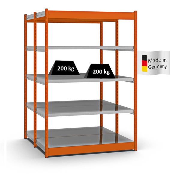 PROREGAL Fachbodenregal Stecksystem Vierkant-Profil Grundregal HxBxT 200 x 132,5 x 60 cm 2x5 Ebenen Doppelseitige Bauart Fachlast 200 kg Orange