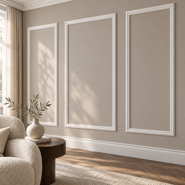 Wand mit klassischer Wandvertäfelung und Zierleisten in einem eleganten Wohnzimmer mit Parkettboden und modernem Sessel.
