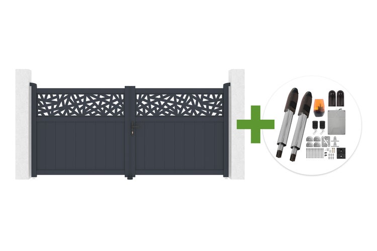 Zweiflügeliges Aluminium-Drehtor in Anthrazit mit dekorativem Gitter und elektrischem Torantrieb-Set inklusive Motoren und Zubehör.