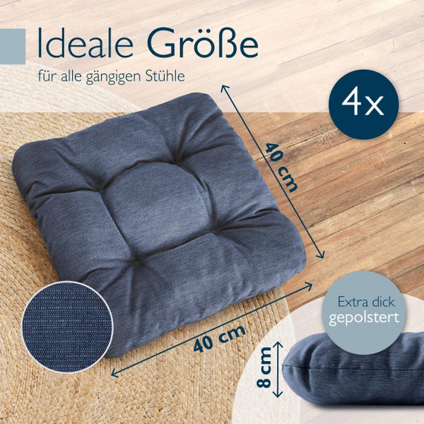 Vier graue Stuhlkissen, quadratisch, 40 mal 40 Zentimeter, acht Zentimeter dick