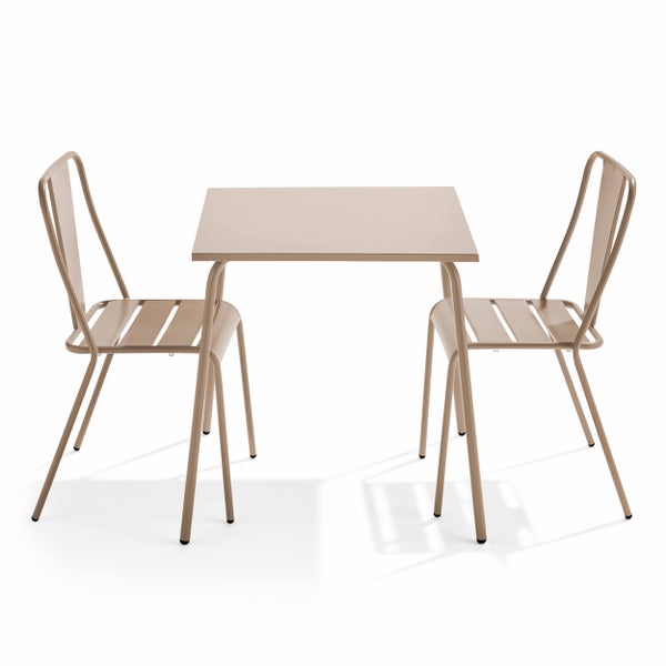 Bistro-Set bestehend aus einem quadratischen Tisch und zwei Stühlen aus Metall für Garten oder Balkon.