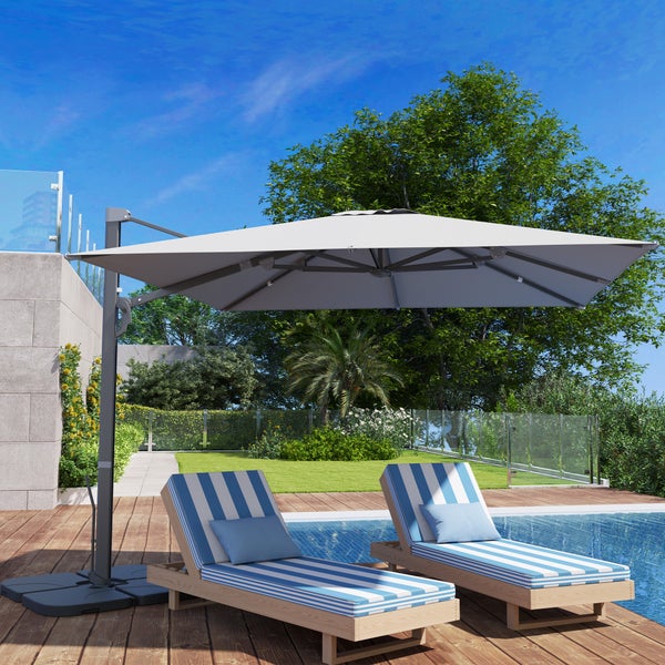 Outsunny Alu Ampelschirm 3 x 3 m 360° drehbar Sonnenschirm mit Kurbel Ständer neigbar Wasserabweisend Marktschirm höhenverstellbar Gartenschirm Kurbelschirm Sonnenschutz für Garten Balkon Hellgrau