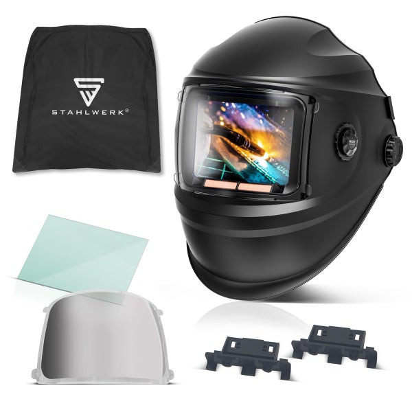 Schweißhelm mit Zubehör und Stahlwerk Logo
