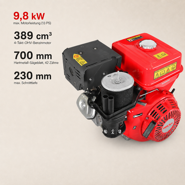 Hecht Logo. Viertakt-Benzinmotor, 9,8 Kilowatt, 389 Kubikzentimeter, für 700 Millimeter Hartmetall-Sägeblätter, 230 Millimeter Schnitttiefe.